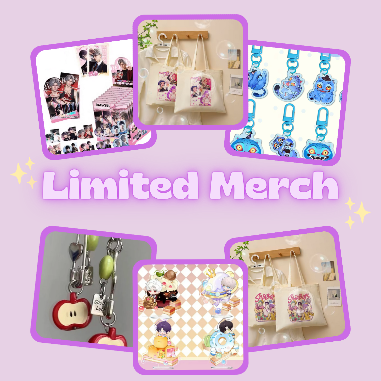 'Limited Merch' Collection image featuring 6 images of the current available stock (for example Kpop Demon Hunters and Love & Deepspace).