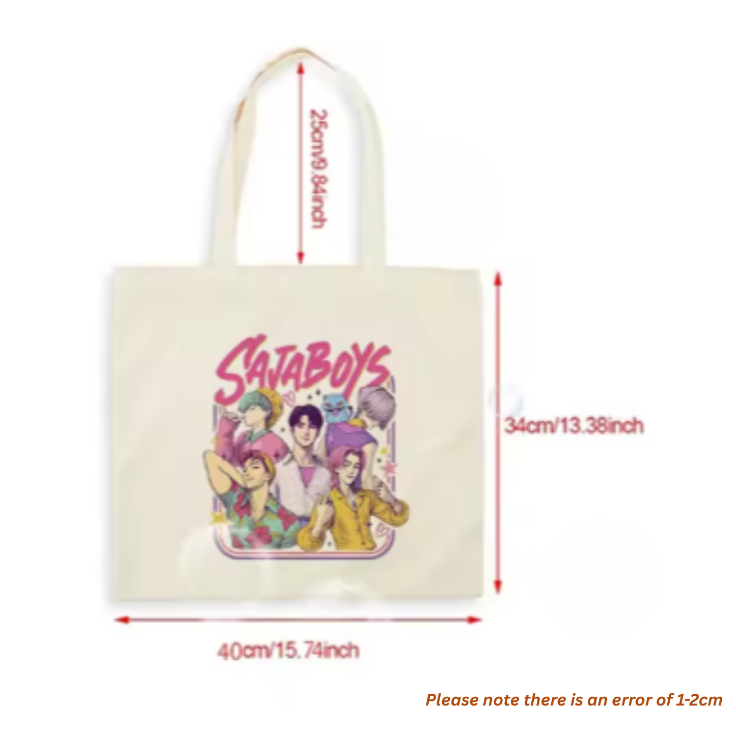 Kpop Demon Hunters canvas tote bag with item size 40/34/25 cm, large shoulder bag made from durable cotton canvas, vintage-inspired design for fans of Saja Boys, versatile for travel, shopping, or everyday use.