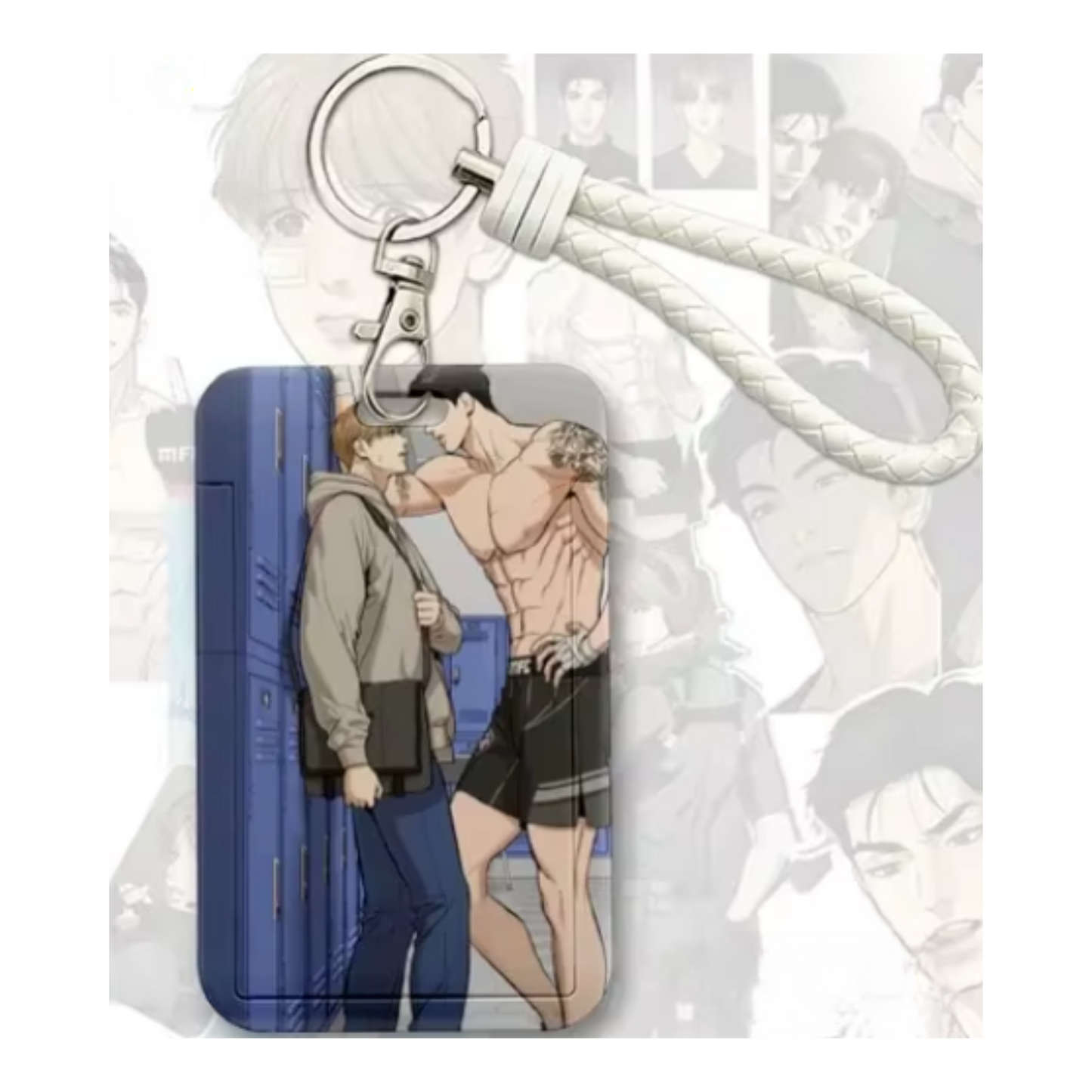 Korean BL manhwa Jinx acrylic ID and photocard holder keychain, Option 1 showing main characters in close-up pose, collectible accessory.