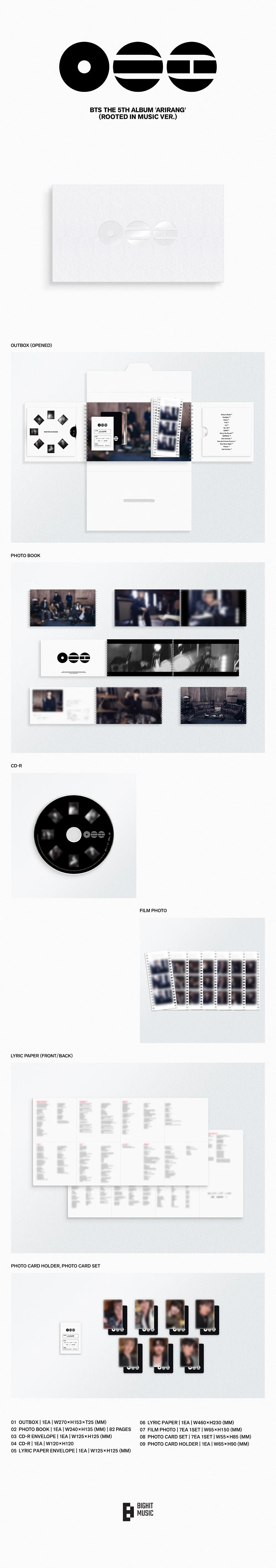 BTS ARIRANG (Rooted in Music) album contents including photobook CD photocards poster and album inclusions.