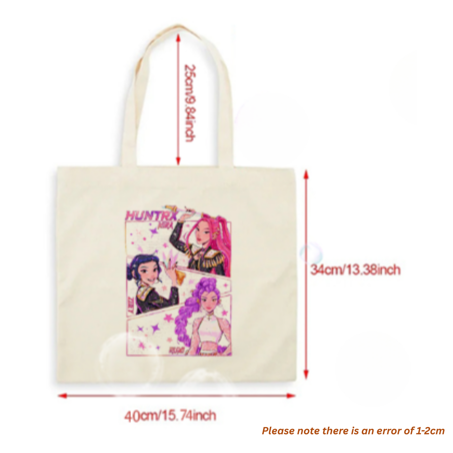 Kpop Demon Hunters canvas tote bag with item size 40/34/25 cm, large shoulder bag made from durable cotton canvas, vintage-inspired design for fans, versatile for travel, shopping, or everyday use.