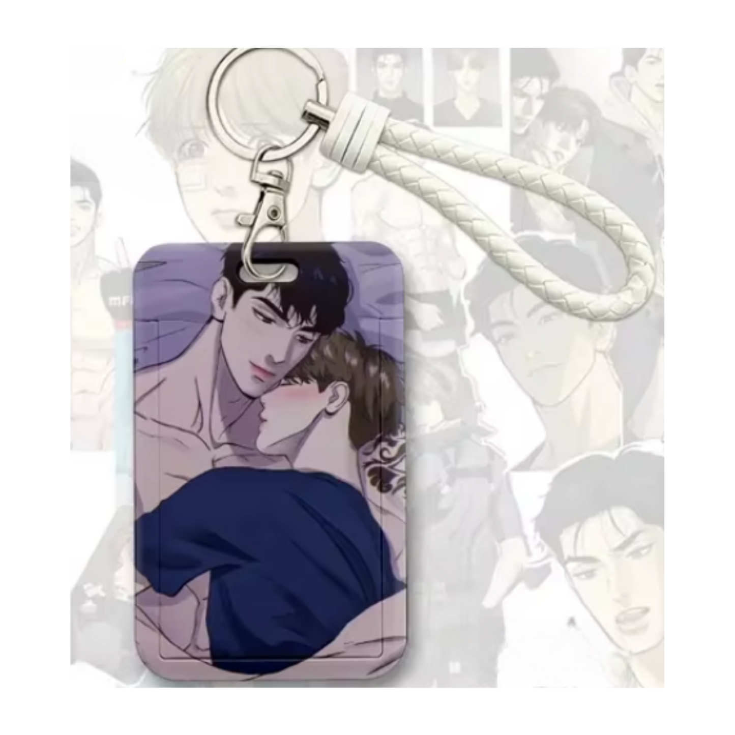 Korean BL manhwa Jinx acrylic ID and photocard holder keychain, Option 3 showing main characters in close-up pose (hug), collectible accessory.