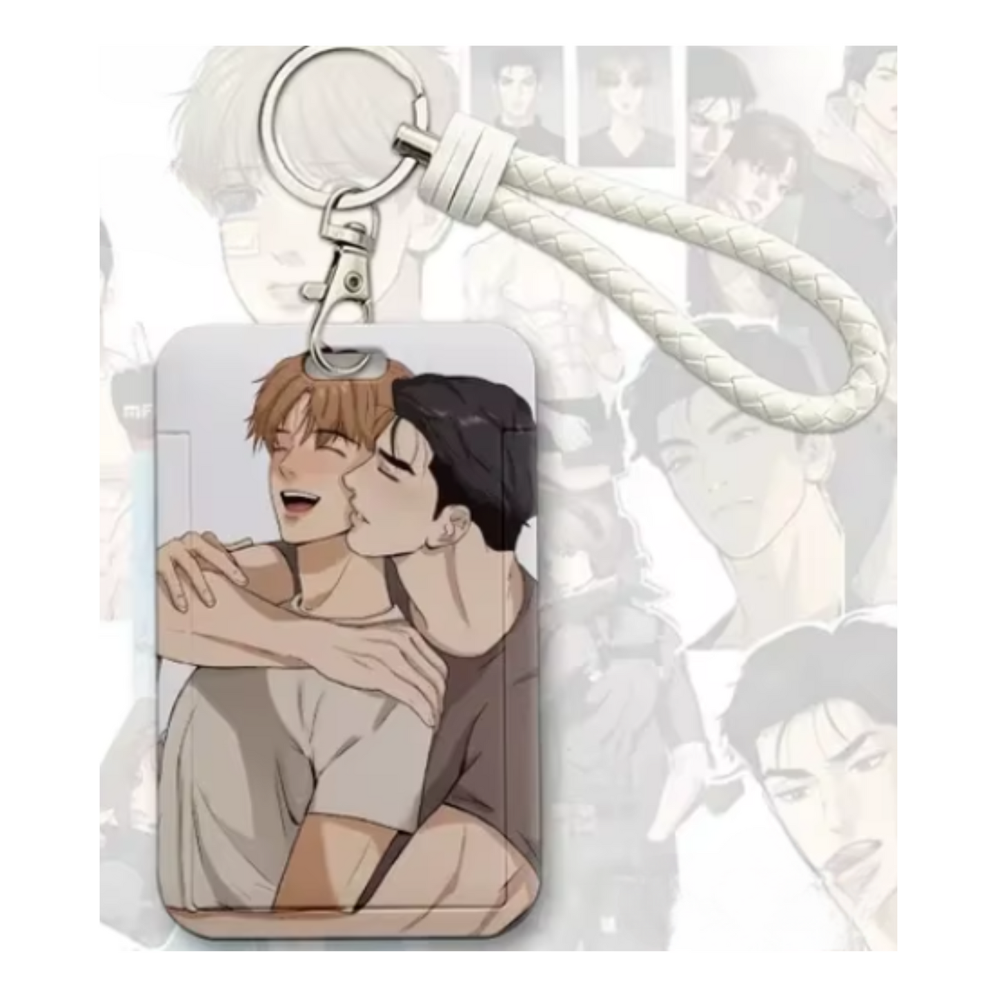Jinx Korean BL manhwa acrylic ID and photocard holder keychain, Option 4 with main characters in playful pose, official fan collectible.