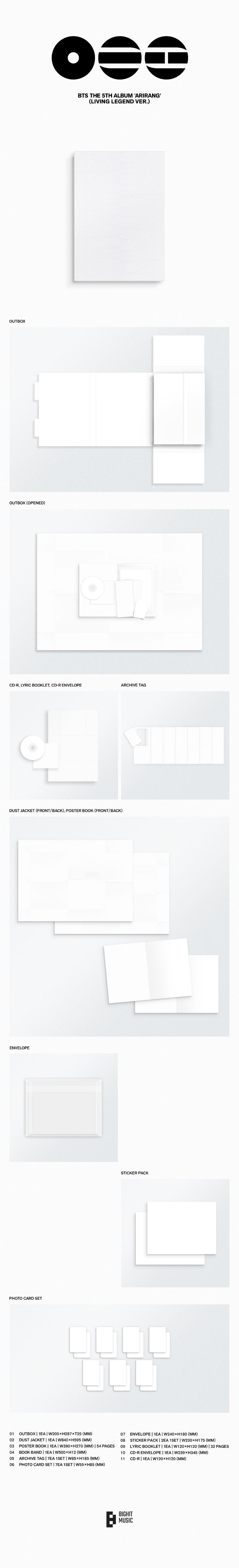 BTS ARIRANG Living Legend album contents with photobook CD photocards stickers and poster book (full designs TBA)