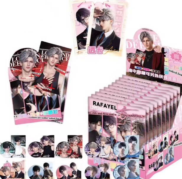 Contents of Love and Deepspace tinplate badge pack, including 1 random Rafayel photocard and 75mm round tinplate pin, durable and collectible fan merchandise.