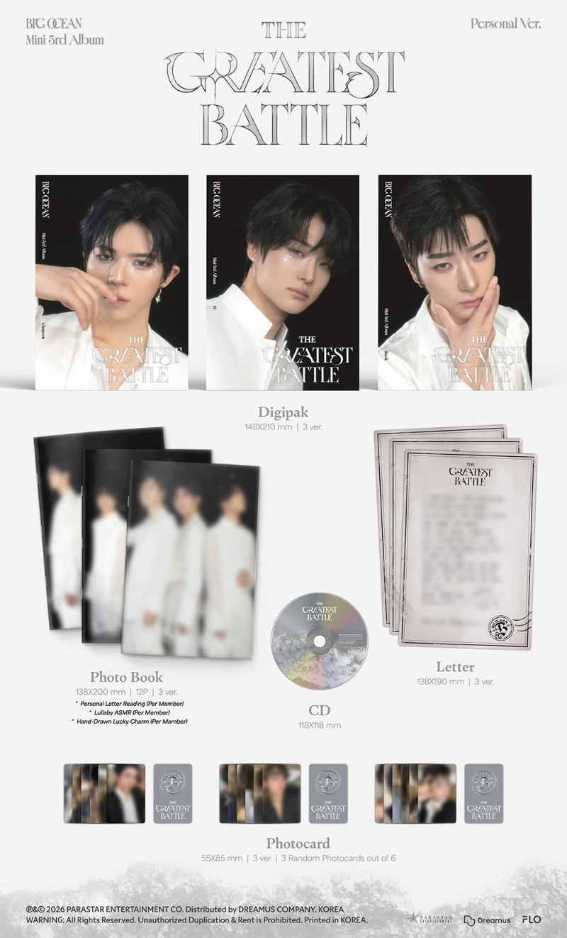 Contents preview of Big Ocean’s ‘THE GREATEST BATTLE’ Personal Version album showing digipack, photobook, CD, letter, and random photocards.
