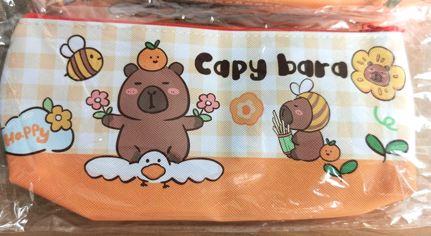 Cartoon Capybara Pencil Bag with cute design, versatile pouch for stationery, makeup, or small essentials, durable PU material, perfect for school, office, or travel.