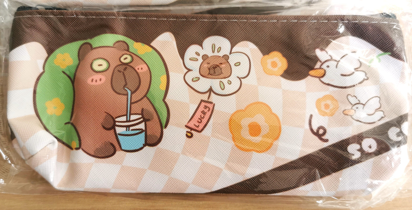 Cartoon Capybara Pencil Bag with cute design, versatile pouch for stationery, makeup, or small essentials, durable PU material, perfect for school, office, or travel.