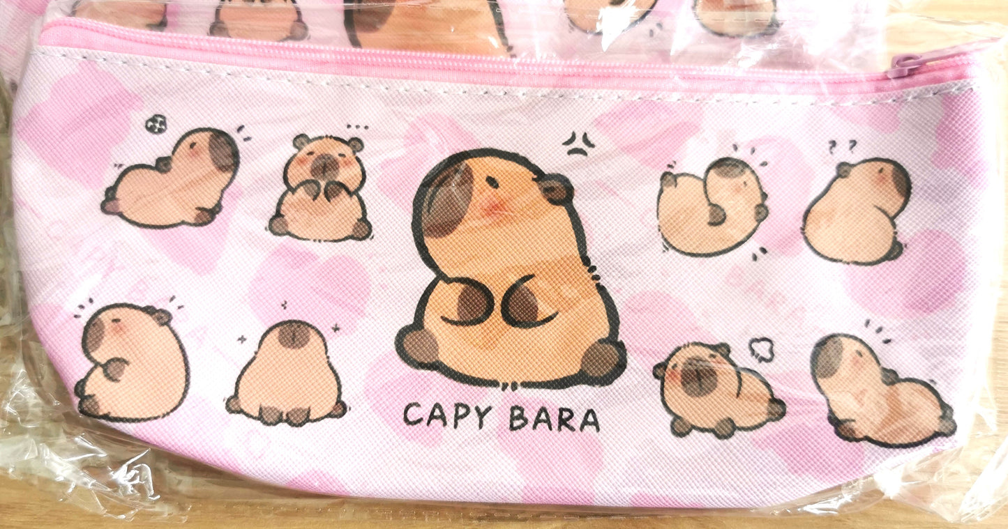 Cartoon Capybara Pencil Bag with cute design, versatile pouch for stationery, makeup, or small essentials, durable PU material, perfect for school, office, or travel.