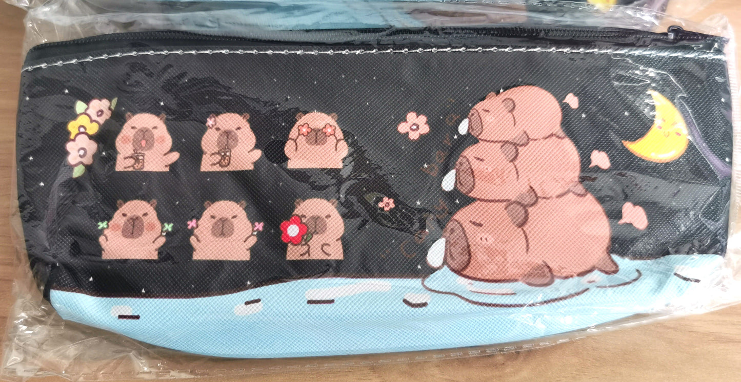 Cartoon Capybara Pencil Bag with cute design, versatile pouch for stationery, makeup, or small essentials, durable PU material, perfect for school, office, or travel.