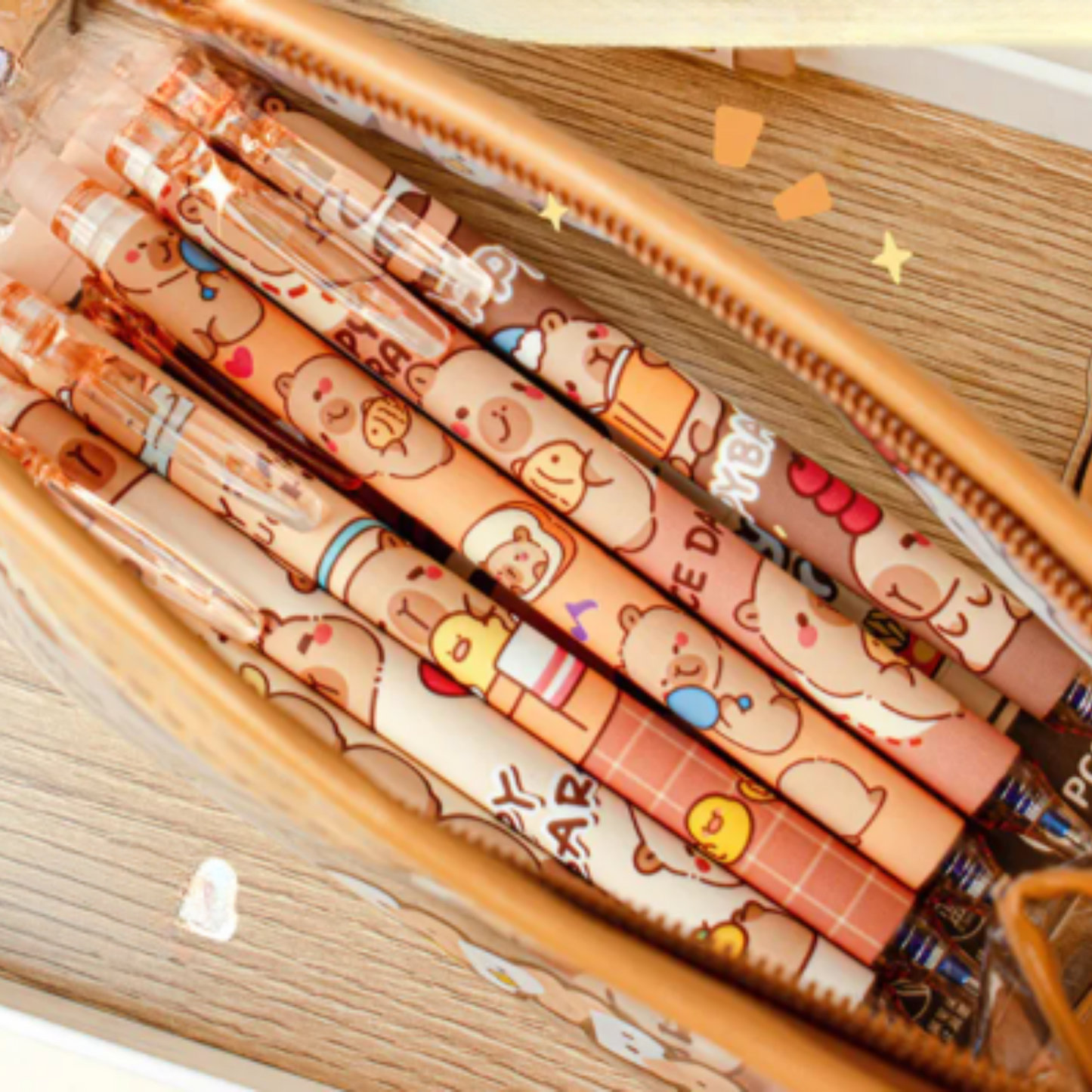 Capybara Gel Pen in pencil case, 0.5mm fine-tip pen with random Capybara-themed design, blue ink, durable plastic, cute and practical stationery for school, office, or journaling.