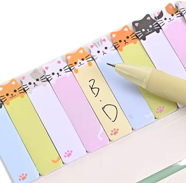 Cute Cat Index Stickers with adorable cat designs, tag index format for marking sections, slim 12.5×5 cm size, perfect for students, office work, or personal journaling.