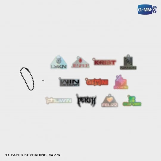 Set of 11 RISER CONCERT: THE FIRST RISE paper keychains, each featuring an artist logo, sized at 4 cm.