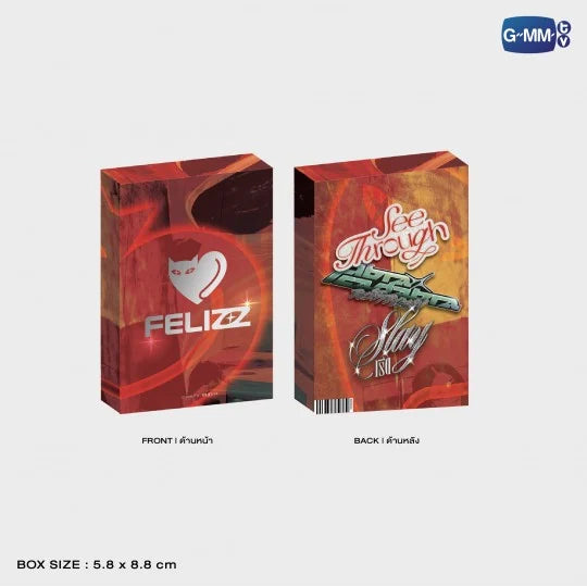 Front and back view of the FELIZZ Collectible Card Set box with printed design, shown with size dimensions for the 5.5 x 8.5 cm photocards.