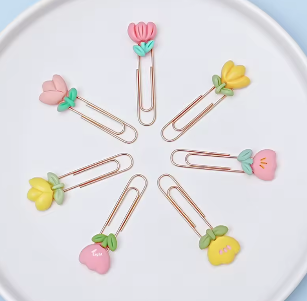 Cute Flower-Shaped Binder Clips in assorted colours, decorative stationery clips for school, office or journaling.