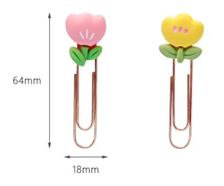 Cute Flower-Shaped Binder Clips with size measurements shown, colourful stationery paper clips for documents.