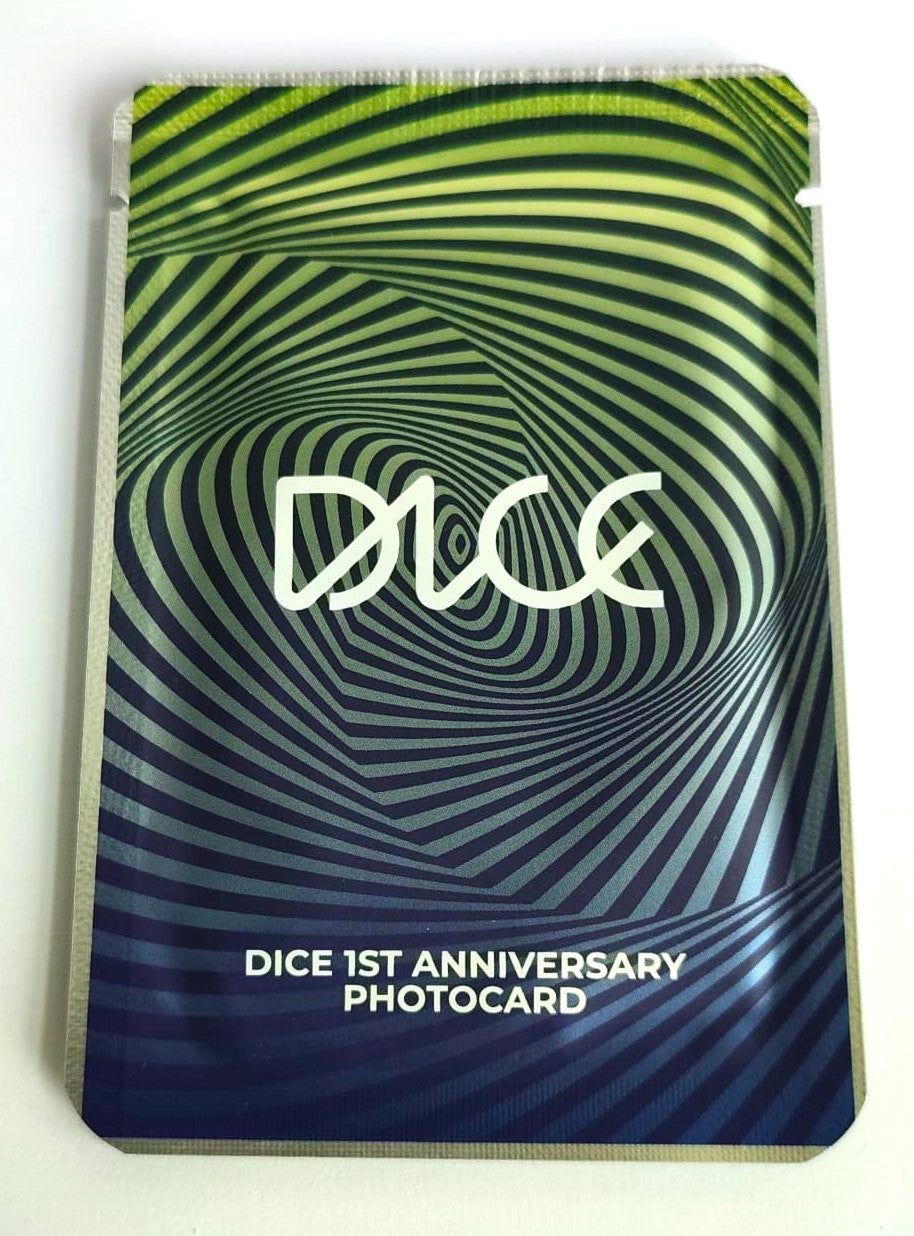 DICE Year One Official Photocard Pack front, special first anniversary edition containing 3 random photocards featuring band members, collectible K-pop merchandise.