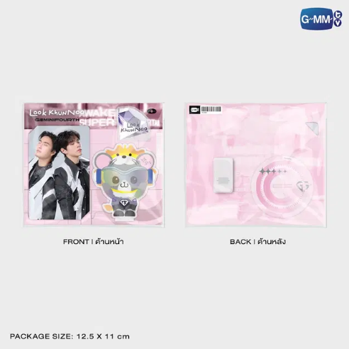 Look Khunnoo acrylic clip stand with GeminiFourth photocard shown in sealed GMMTV retail packaging, ready for gifting or display.