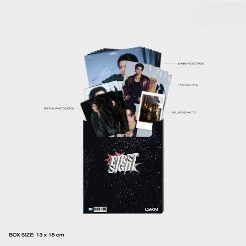 Inside view of LYKN First Sight Photocard Set showing organized contents.