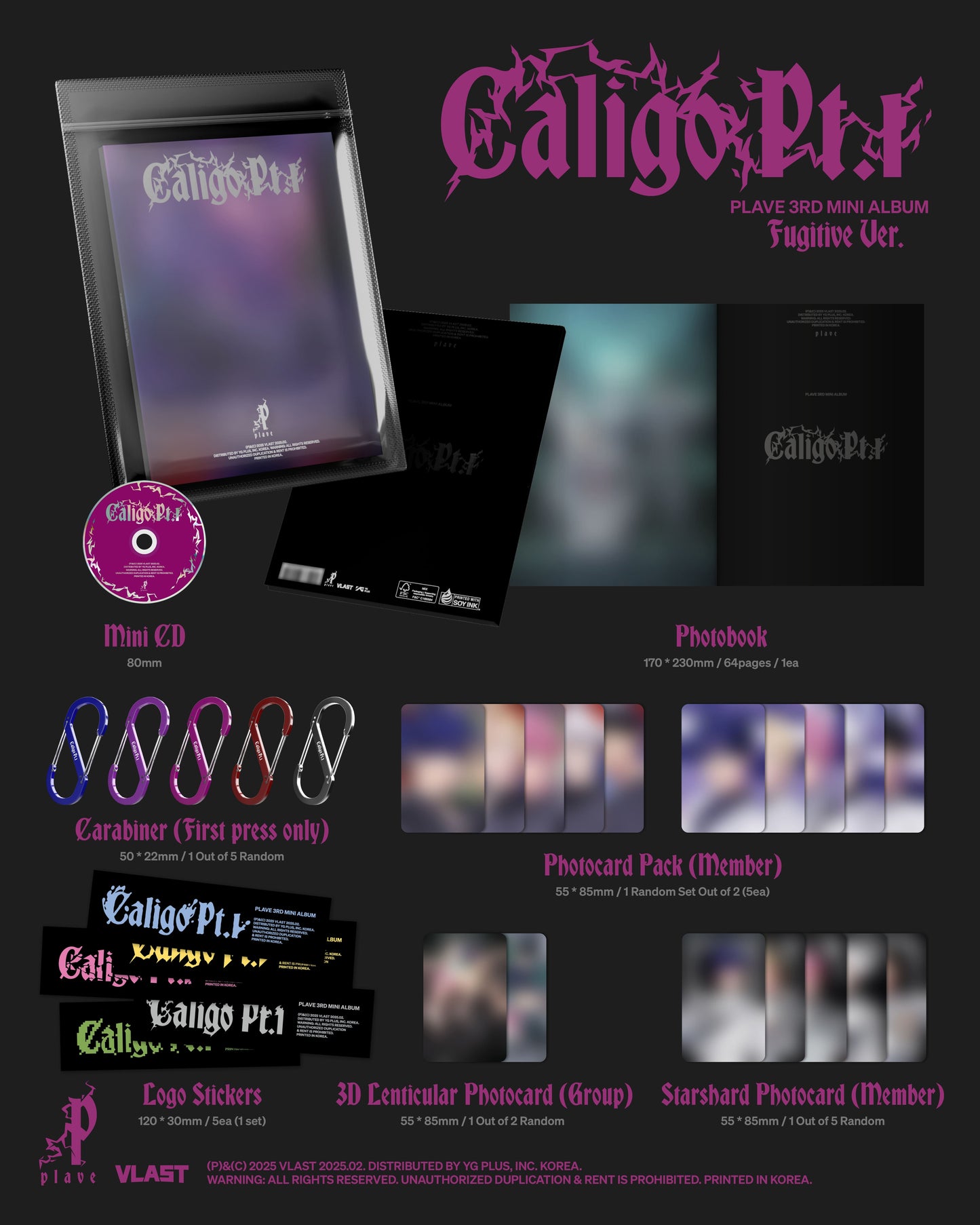 Contents preview of PLAVE’s ‘Caligo Pt.1’ Fugitive Version album, including photobook, mini CD, photocard pack, logo stickers, 3D lenticular card, and starshard photocard.