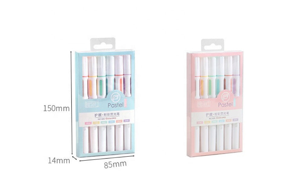 Pastel Highlighter Pen Set in two colour options with size dimensions, soft macaron brush markers for school or office.