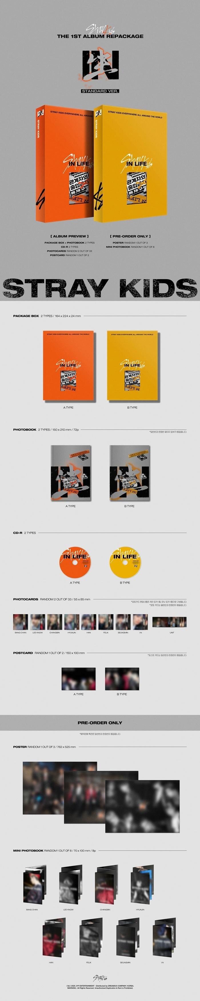 Contents of STRAY KIDS Repackage Album Volume 1 ‘IN LIFE’ LIFE Standard Version, including package box, photobook, CD, 2 random photocards (out of 33), and 1 random postcard (out of 2), official K-pop merchandise.