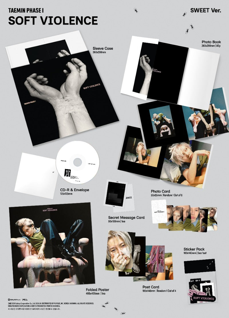 TAEMIN PHASE I Soft Violence SWEET Ver photobook album contents preview featuring photobook CD postcard photocard sticker pack secret message card and folded poster