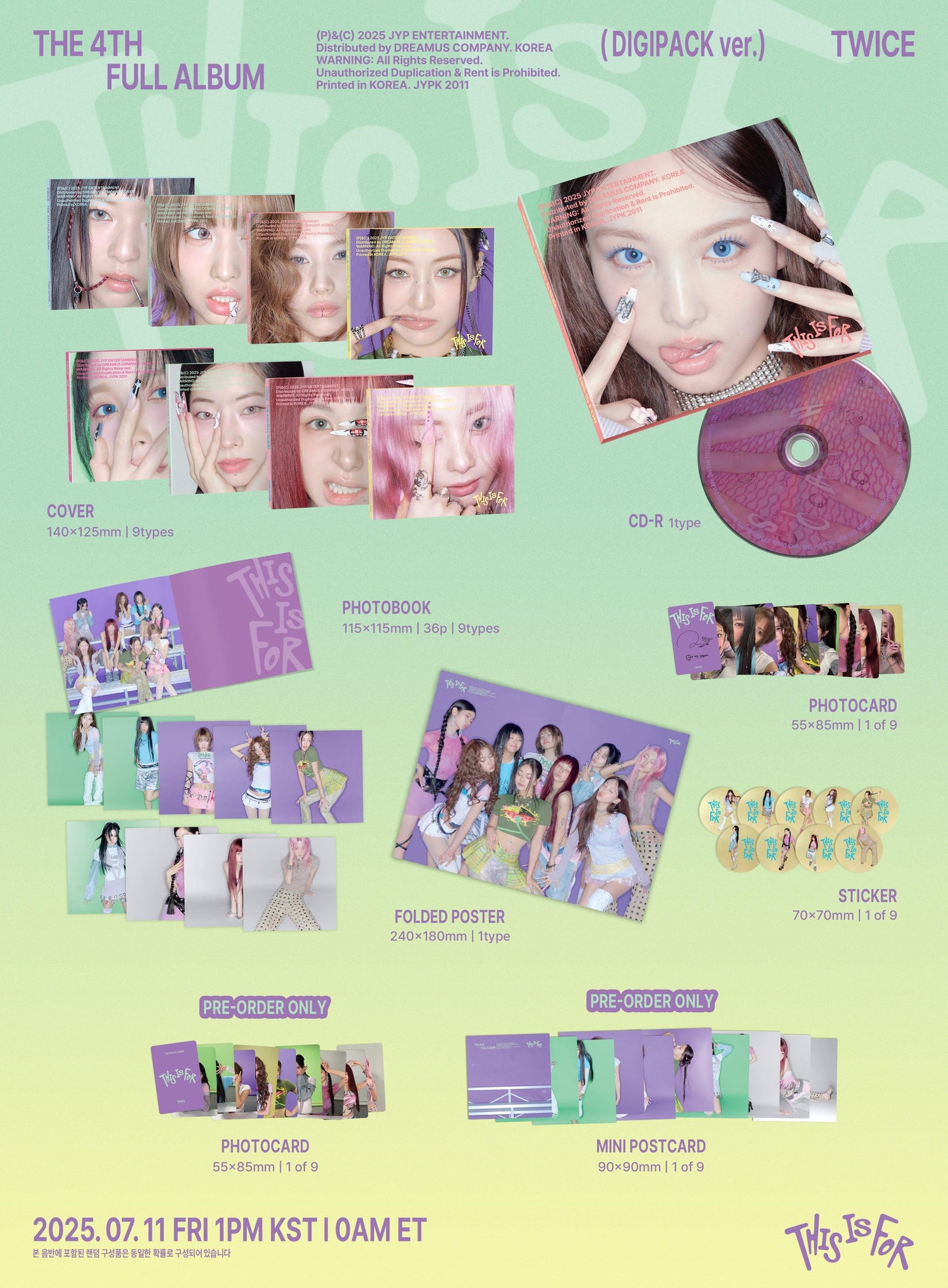 Contents of TWICE 4th Full Album MUSICKOREA Gift Digipack Version, including covers, photobooks, random photocard, CD-R, folded poster, sticker, and pre-order benefits of 1 random photocard (out of 9) and 1 random mini postcard (out of 9), official K-pop fan merchandise.