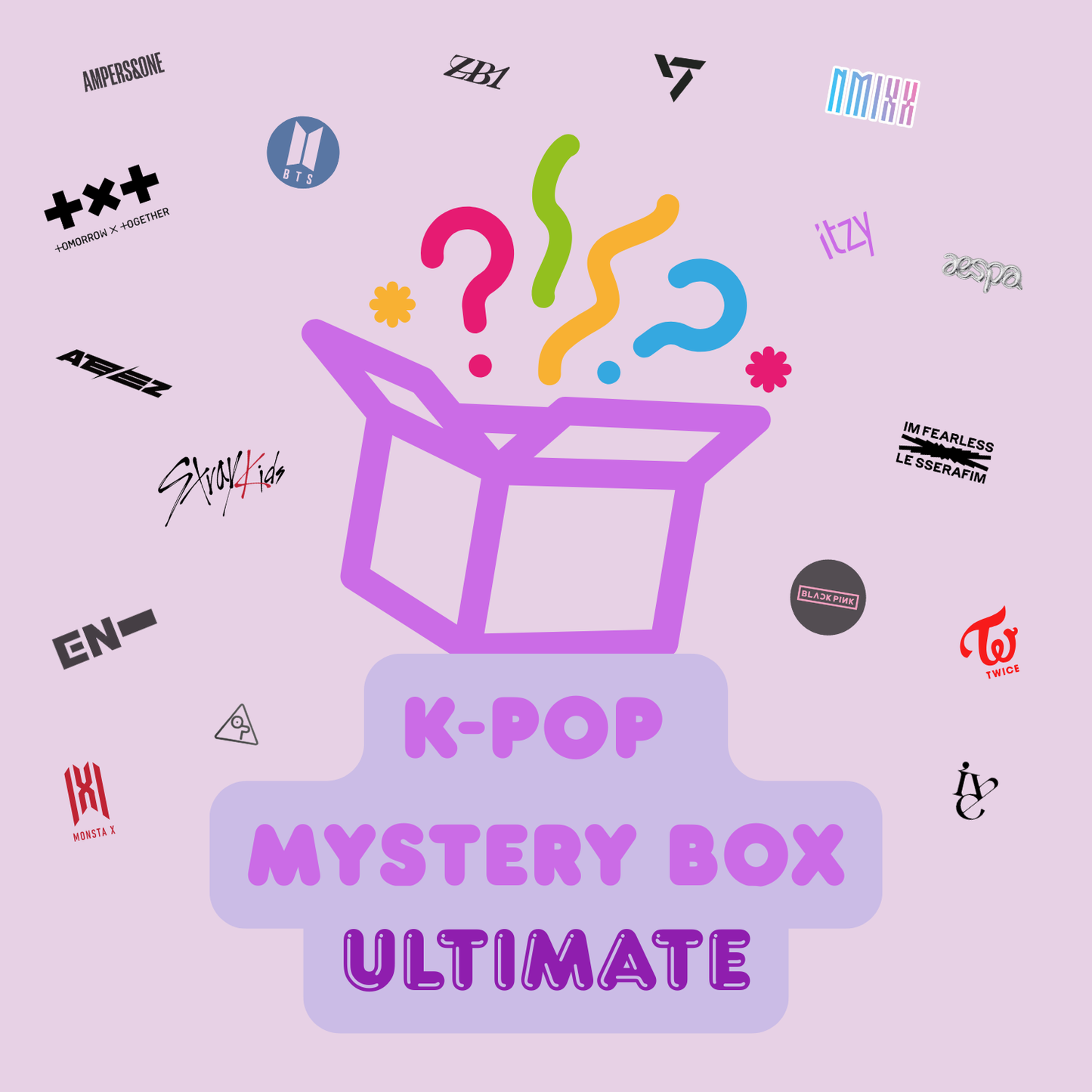 K-POP Mystery Box with colourful confetti and question marks bursting out, surrounded by icons and logos from popular K-pop groups. Ultimate box version.