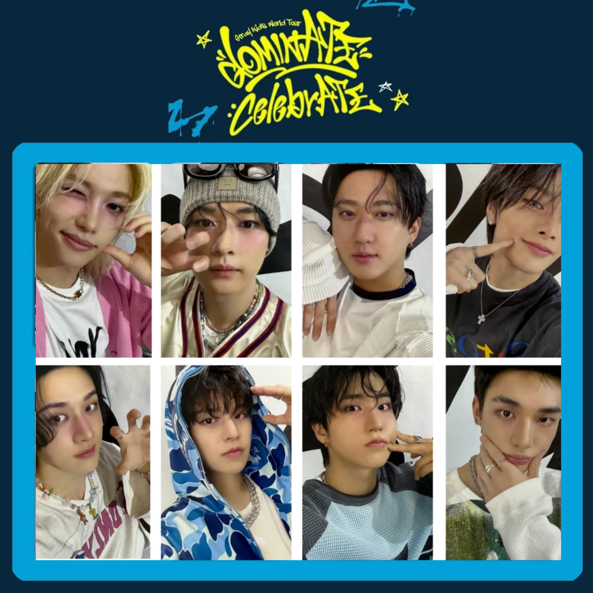 Stray Kids DOMINATE CELEBRATE POB photocards all 8 member versions preview official preorder benefit photocard collection