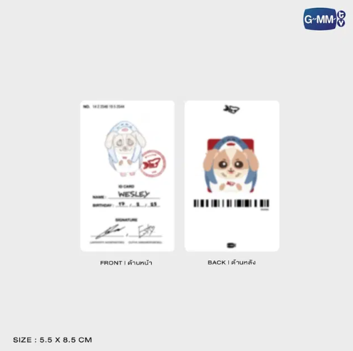 Preview of the Wesley ID card included with the GMMTV doll keychain, showing signatures from William and Est.