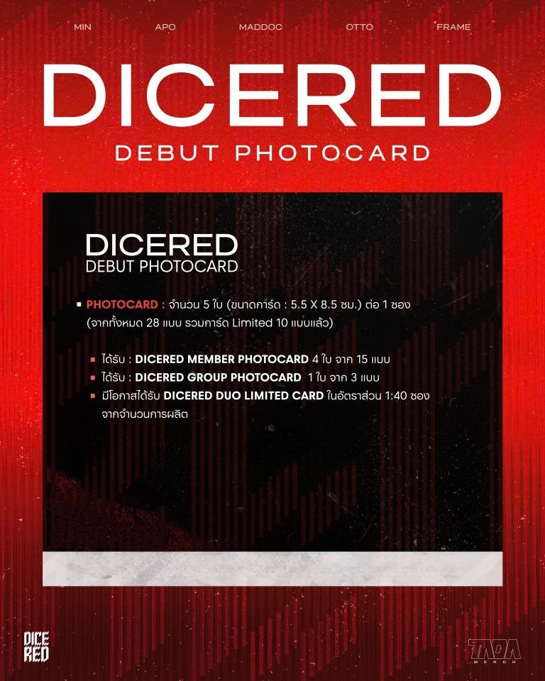 DICERED Debut Photocard contents preview featuring random member photocards and group photocard official DICE T Pop merchandise