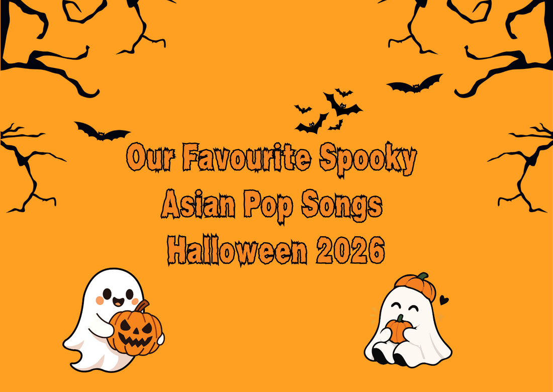 Idol Fusion's 'Our Favourite Spooky Asian Pop Songs Halloween 2026' blog image with cute ghosts and bats on a orange background.