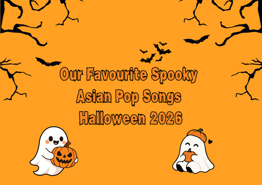 Idol Fusion's 'Our Favourite Spooky Asian Pop Songs Halloween 2026' blog image with cute ghosts and bats on a orange background.