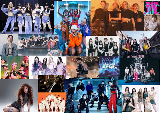 Images of kpop groups & artists making up our favourite top 20 NYE party playlist (including images of groups such as XG, NCT 127 and Aespa).