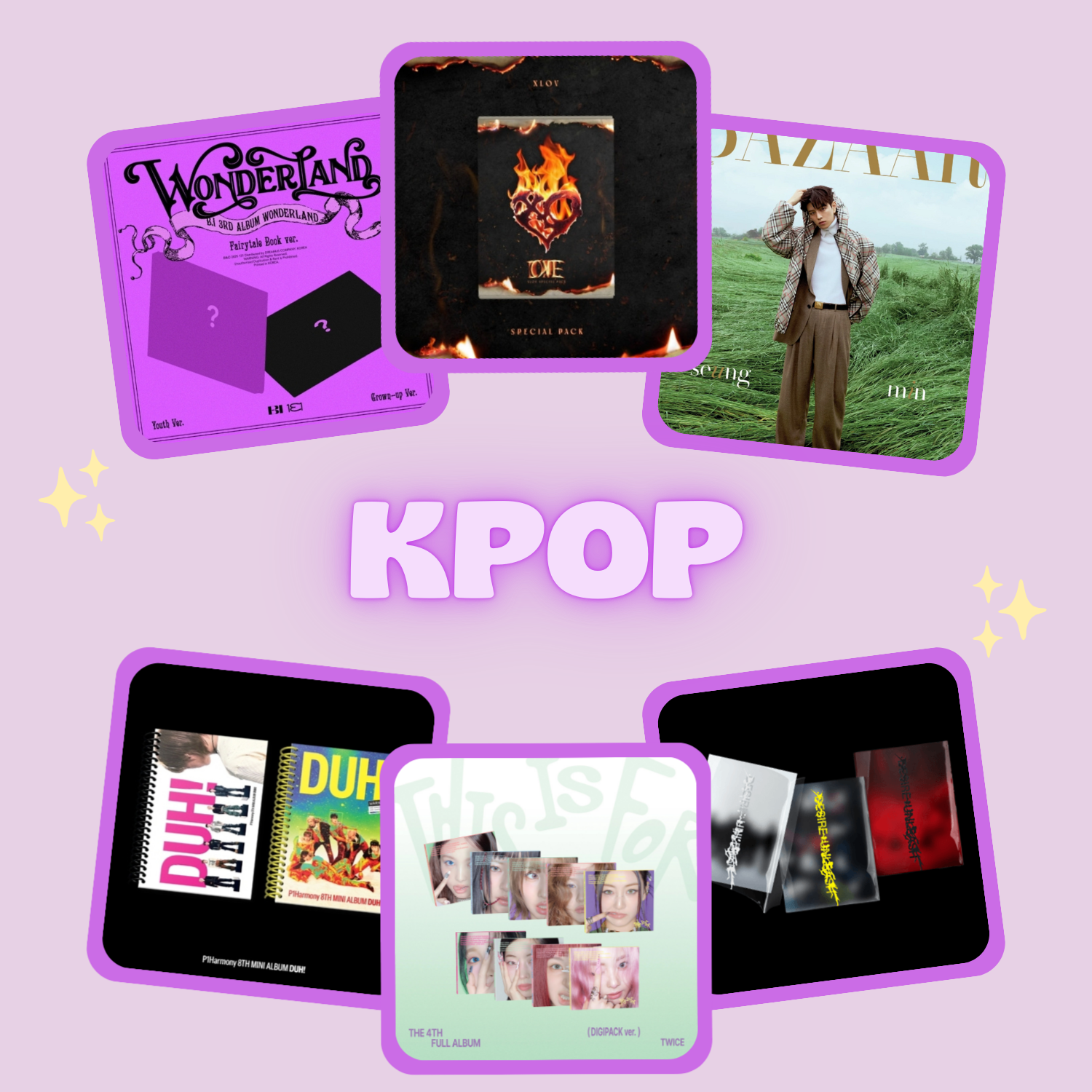 'KPOP' section image featuring 6 images of products currently for sale (including albums by P1Harmony, B.I, Twice, Enhypen, XLOV and magazine of Stray Kids member).
