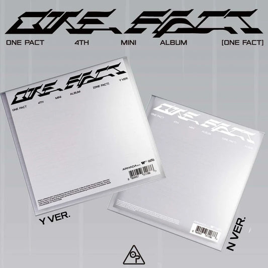 ONE PACT 4th Mini Album [ONE FACT] front covers of Yes and No Versions, official K-pop merchandise including photobook, CD, poster, photocards, and stickers.