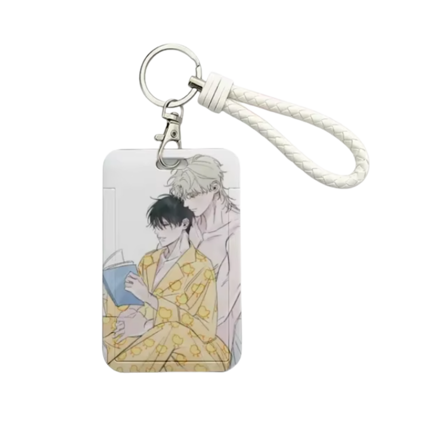 Low Tide in Twilight Korean BL manhwa acrylic ID/photocard keychain, Yeo Taeju and Kim Euihyun hugging in pajamas, official fan collectible.