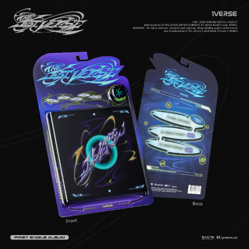 1VERSE 1st Single Album [The 1st Verse] showing front and back of the album pack, including out cover, 76-page photobook, mini CD-R, acrylic badge, snap symbol, design sticker, 1 random folded poster (out of 5), and 3 random photocards (out of 15), official K-pop merchandise.
