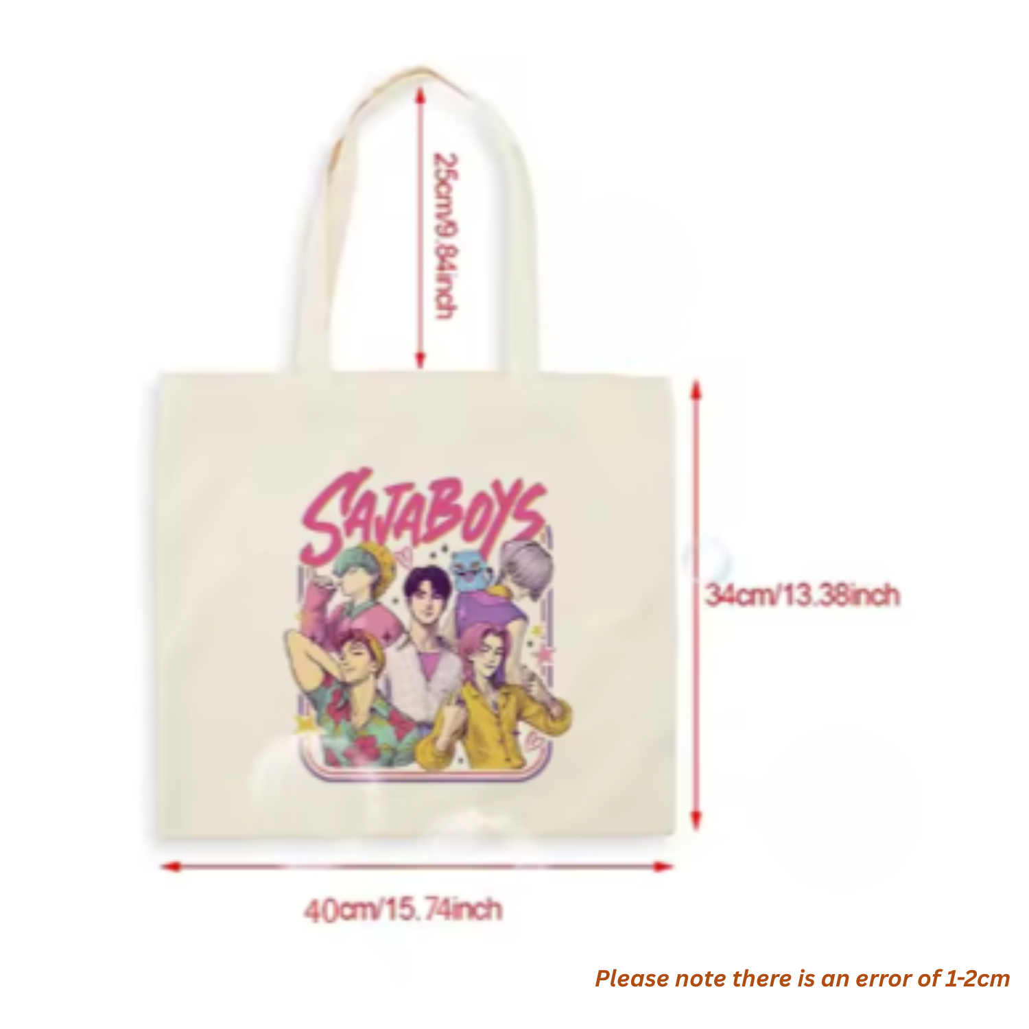 Kpop Demon Hunters canvas tote bag with item size 40/34/25 cm, large shoulder bag made from durable cotton canvas, vintage-inspired design for fans of Saja Boys, versatile for travel, shopping, or everyday use.