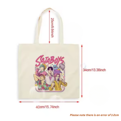 Kpop Demon Hunters canvas tote bag with item size 40/34/25 cm, large shoulder bag made from durable cotton canvas, vintage-inspired design for fans of Saja Boys, versatile for travel, shopping, or everyday use.