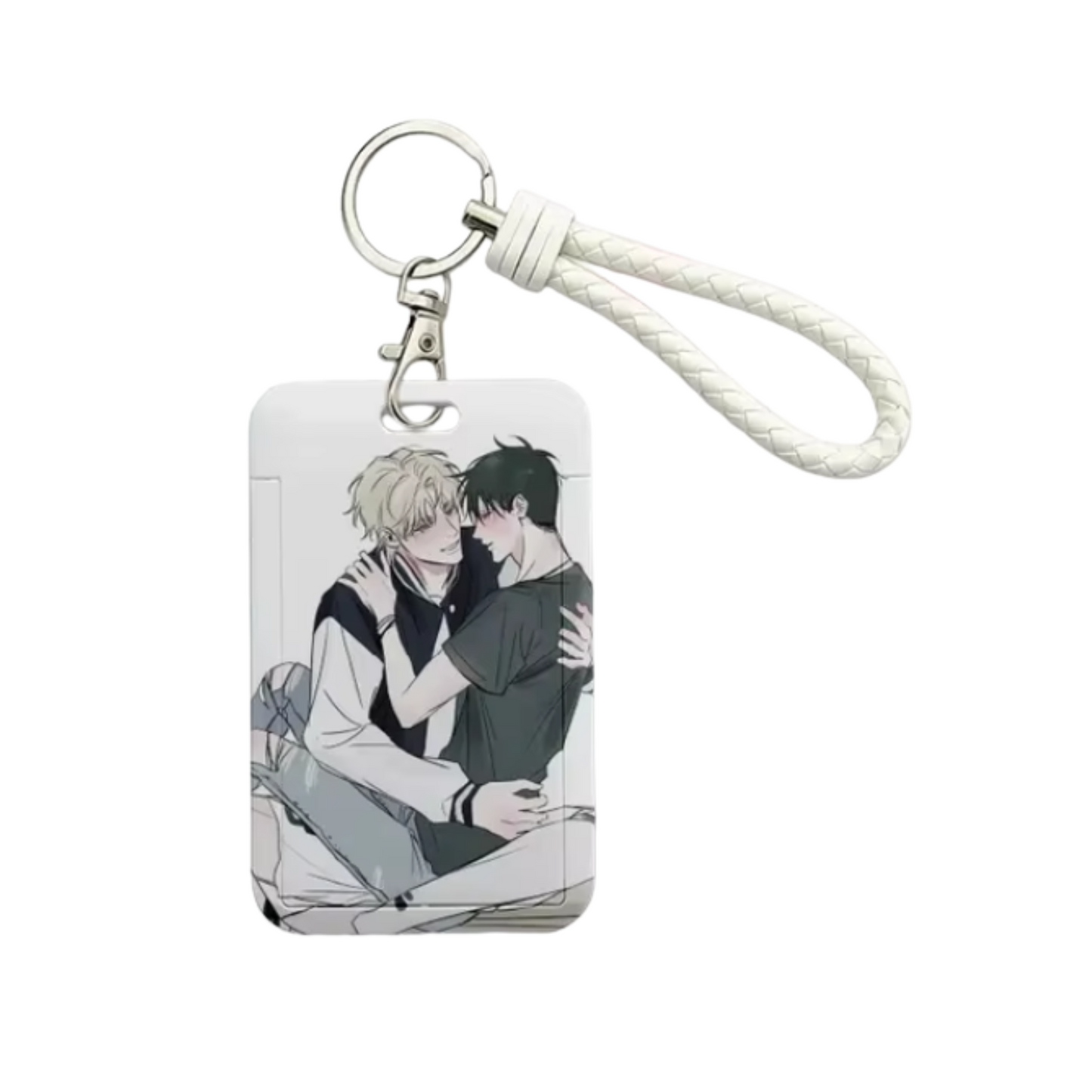Official Low Tide in Twilight BL manhwa acrylic keychain, Yeo Taeju and Kim Euihyun cuddling on lap, ID and photocard holder.