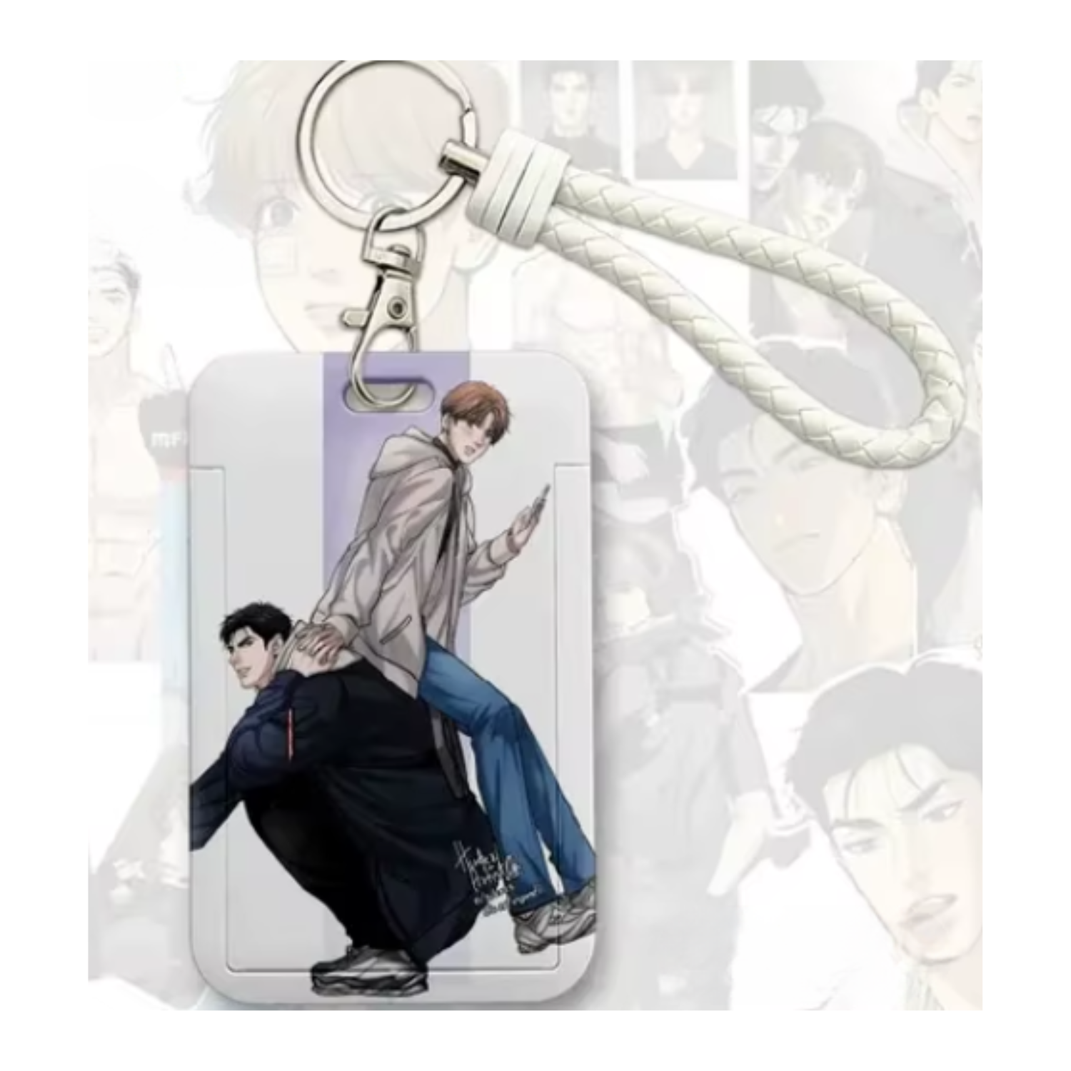 Jinx acrylic keychain from Korean BL manhwa, Option 2 with main characters in relaxed pose, includes ID and photocard holder, fan merchandise.
