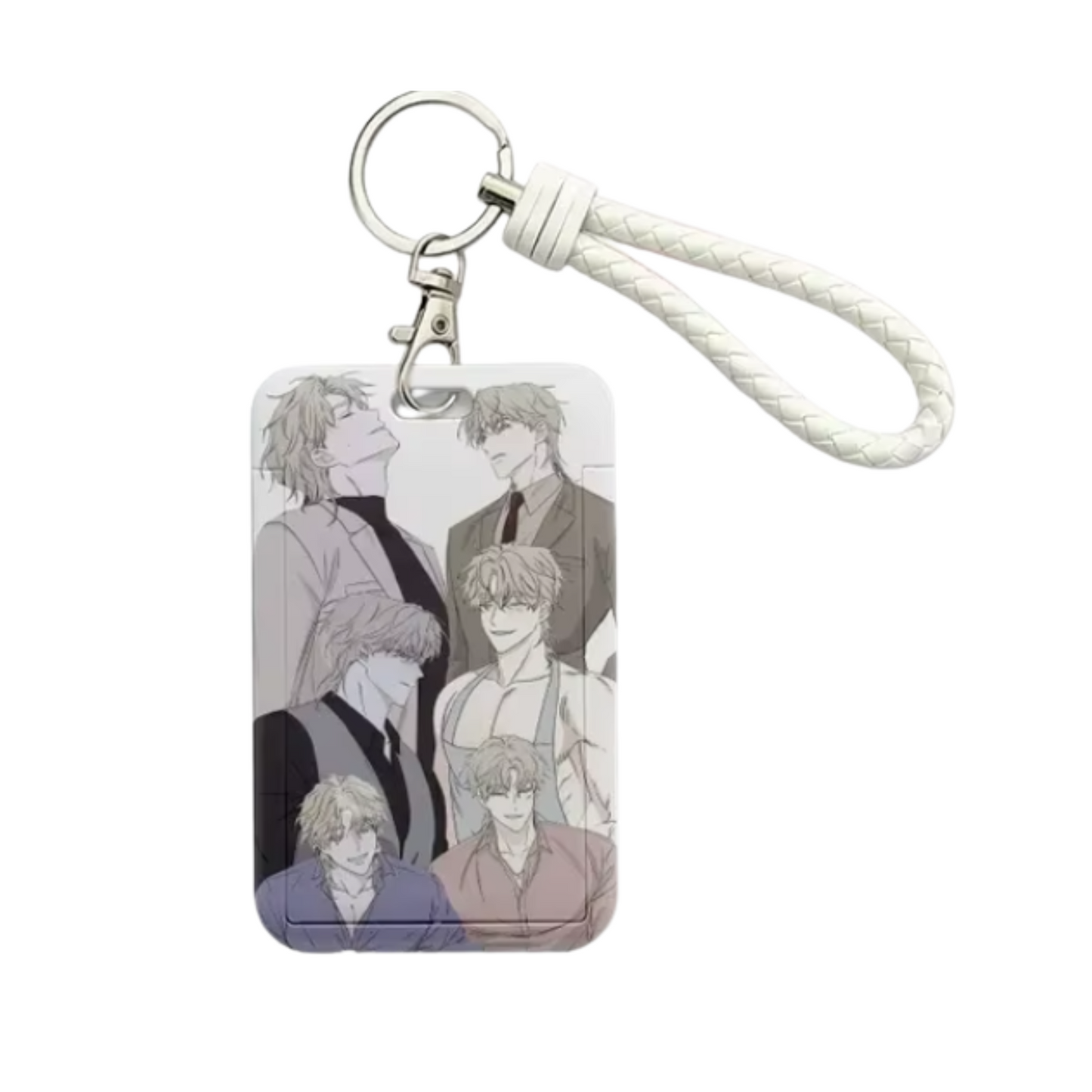 Low Tide in Twilight acrylic keychain featuring Yeo Taeju in different outfits, Korean BL manhwa ID and photocard holder, fan merchandise.