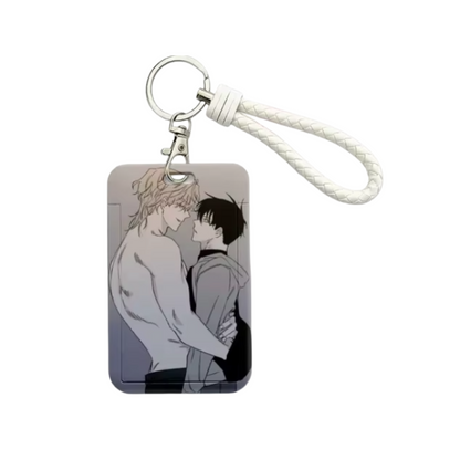 Official Low Tide in Twilight BL manhwa acrylic keychain, Yeo Taeju and Kim Euihyun hugging face-to-face, ID and photocard holder.