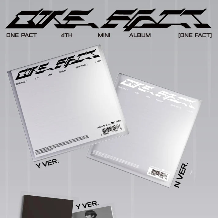 Contents of ONE PACT 4th Mini Album [ONE FACT], including random photobook, CD, CD cover, poster, 2 random photocards (out of 20), sticker, and 1 random lyrics card (out of 8), official K-pop merchandise.