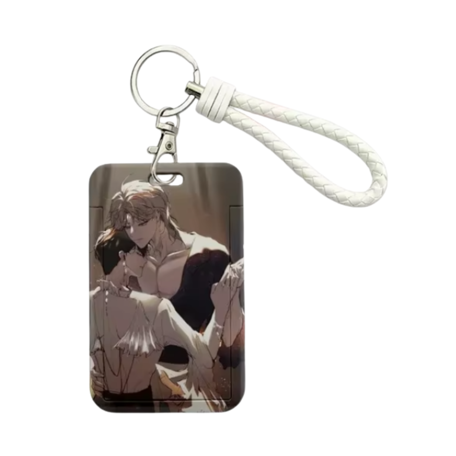 Korean BL manhwa Low Tide in Twilight acrylic keychain, Yeo Taeju and Kim Euihyun in tender hug pose, fan collectible with ID and photocard holder.