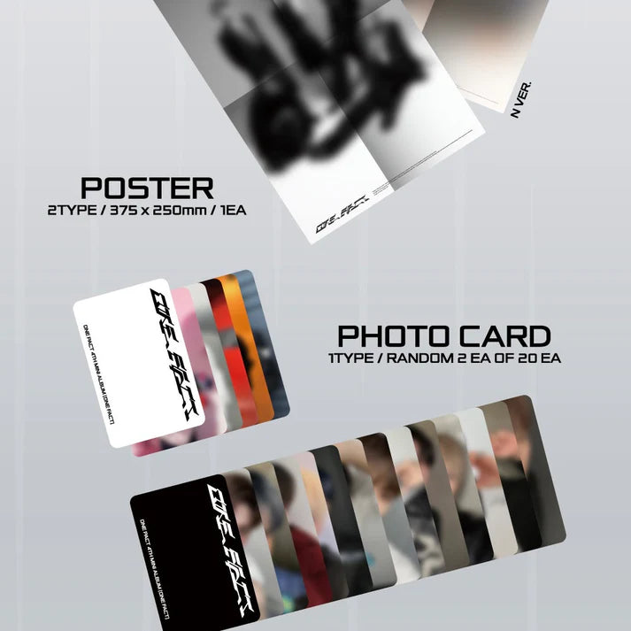 Contents of ONE PACT 4th Mini Album [ONE FACT], including random photobook, CD, CD cover, poster, 2 random photocards (out of 20), sticker, and 1 random lyrics card (out of 8), official K-pop merchandise.