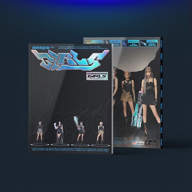 AESPA - Girls (Kwangya version) album contents: cover, random character card (1 of 4), random photocard (1 of 4), random folded poster (1 of 4), sticker, and optional pre-order poster.