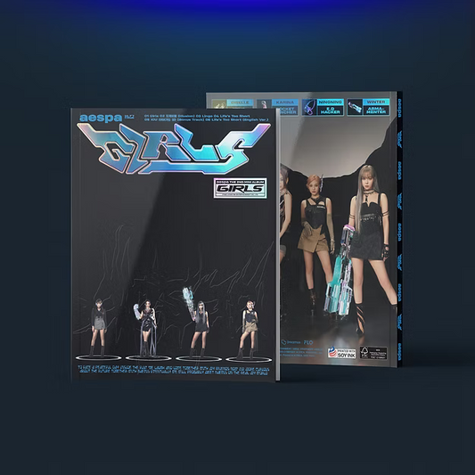 AESPA - Girls (Kwangya version) album contents: cover, random character card (1 of 4), random photocard (1 of 4), random folded poster (1 of 4), sticker, and optional pre-order poster.